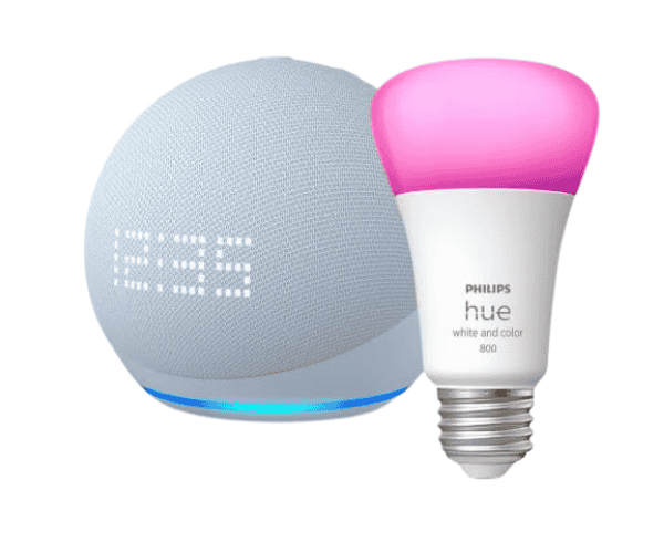 Amazon Echo Dot (5th Gen) with Clock and Cloud Blue with Philips Hue Smart Color Bulb
