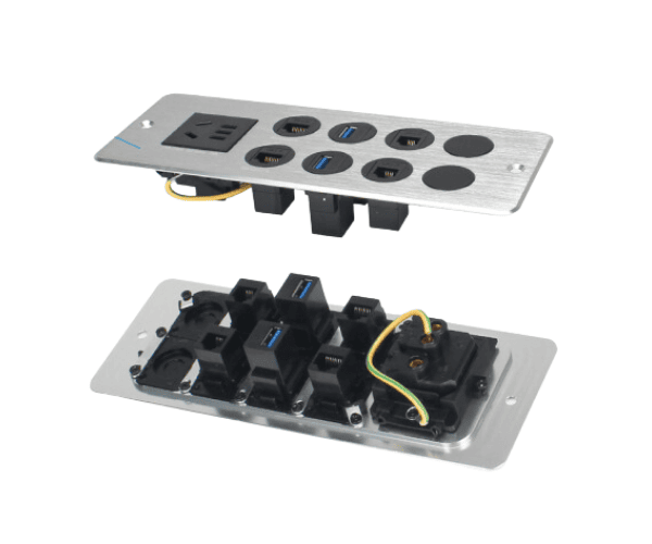 Multifunctional Media Hub With CAT3+CAT6 USB Date Port 2 Cable Through And 1 Power Outlet